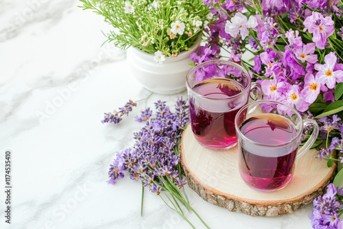 Refreshing herbal tea served in glass cups, surrounded by vibrant flowers and greenery, creating serene and calming atmosphere photo