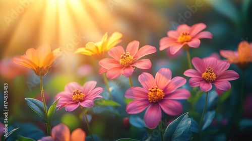 Sunlit pink and orange flowers in a garden.