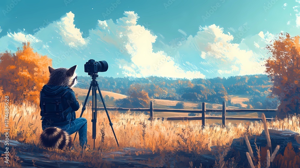 Naklejka premium Blogger sitting with a camera on a tripod, , style of book illustrations 