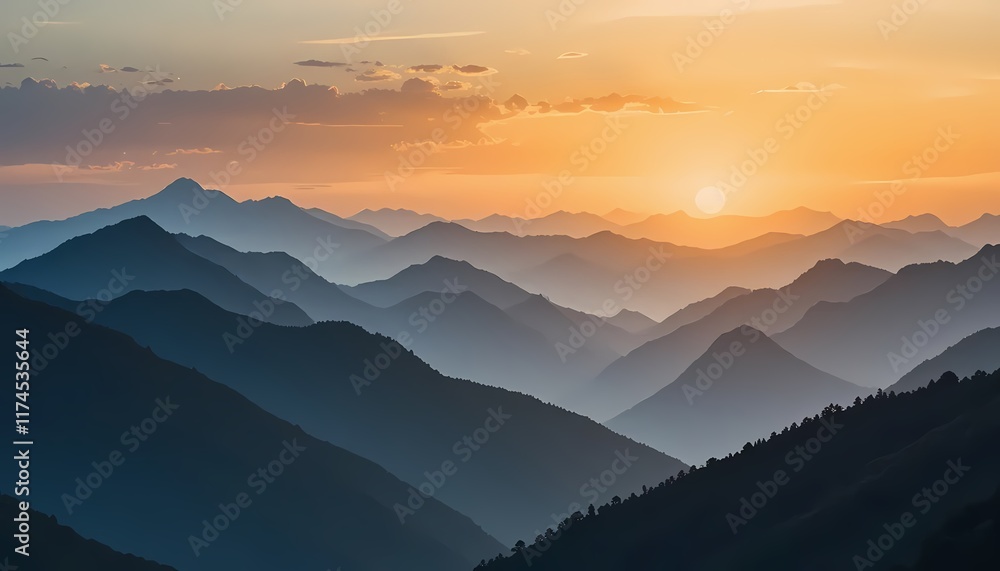 Obraz premium Serene Sunset Mountain Range: A Golden Hour Landscape