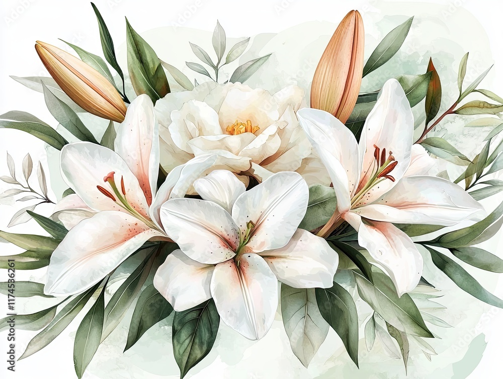 Fototapeta premium A beautiful floral arrangement featuring white lilies, soft petals, and green leaves, ideal for decoration or artistic inspiration.