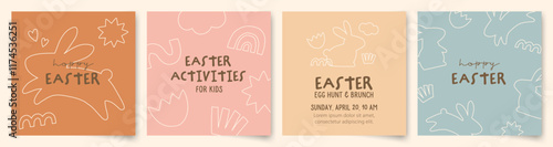 Easter-themed square backgrounds with playful line drawing elements. Modern earthy pastel colors and playful shapes designed for kids. Ideal for social media posts, ads, invites, and event promotions.