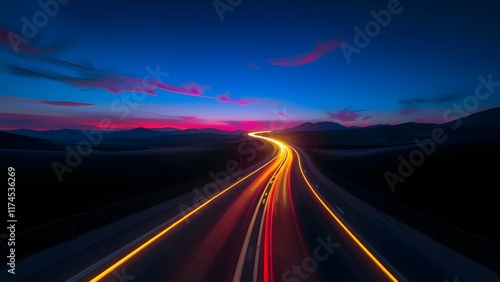 A digital artwork depicting a highway transformed into a mesmerizing display of neon lights.