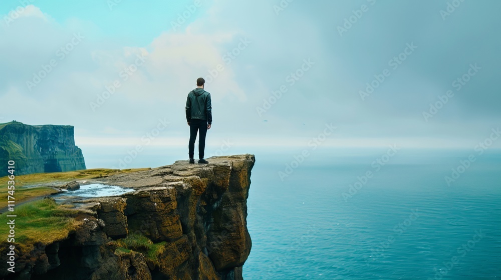 Obraz premium A contemplative young man stands on a rugged cliff, overlooking a serene ocean, surrounded by misty skies and dramatic coastal scenery.