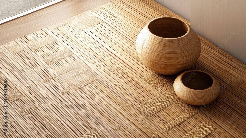 Two Wooden Bowls on a Natural Woven Mat Two Wooden Bowls on a Natural Woven Mat
