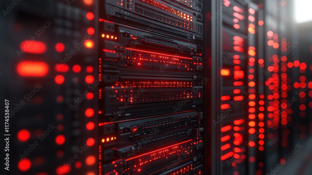 Naklejka premium Server rack overload in data center with red lights