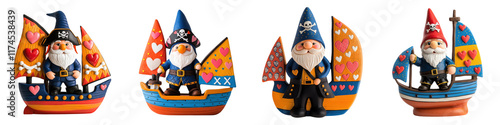 Colorful Decorative Gnomes with Pirate Themes on Whimsical Boats, Perfect for Garden Decor and Playful Home Accents photo