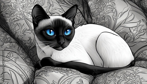 A Siamese cat with striking blue eyes rests on a patterned grayscale cushion. This captivating image would be perfect for cat lovers or as a phone/laptop background. photo