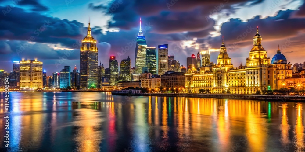 Obraz premium Low light captures Shanghai's Bund, a stunning nightscape of city lights and river reflections.