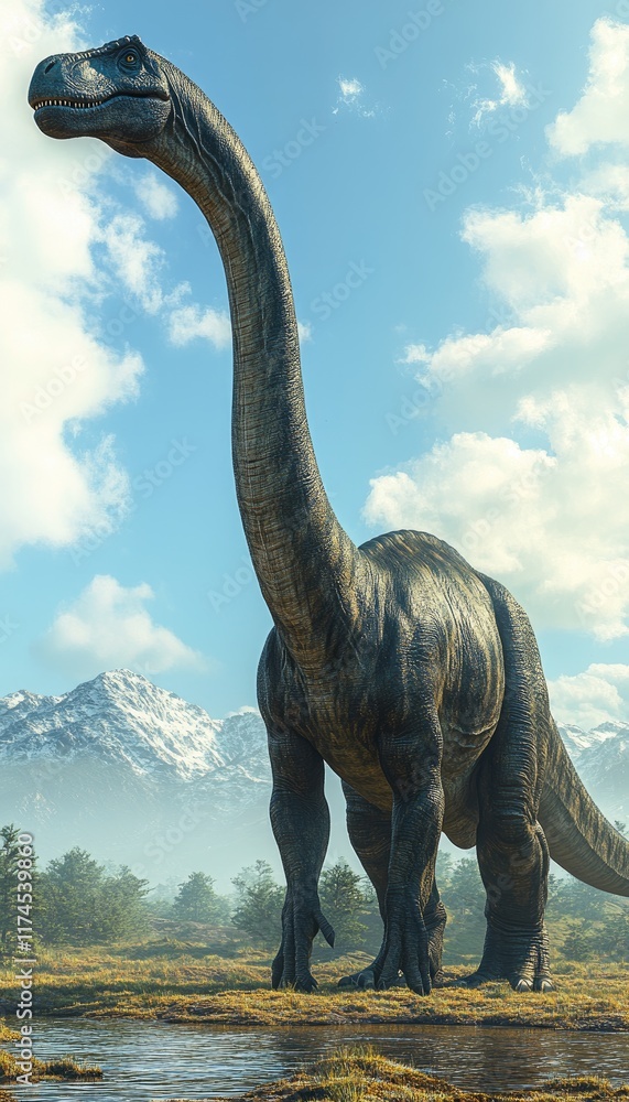 Fototapeta premium A towering dinosaur stands majestically in a lush, prehistoric landscape with mountains in the background.