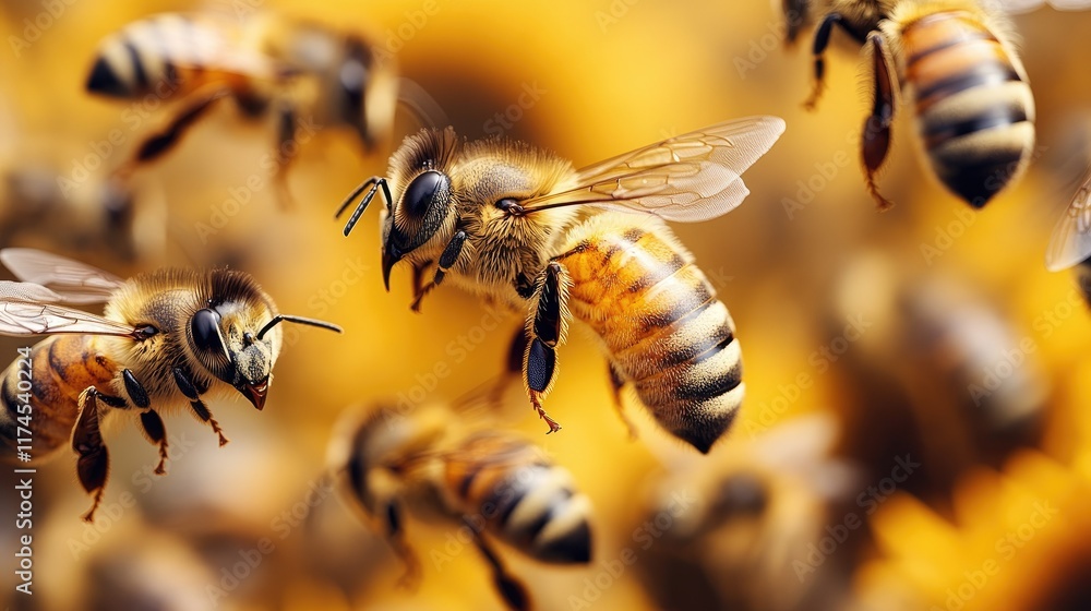 Close-up of multiple honeybees in flight against a blurred yellow background.