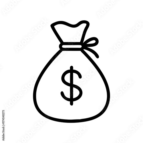 A simple line drawing of a money sack, traditionally symbolizing wealth and prosperity. Vector icon with a bag filled with dollar signs symbolizing monetary value.