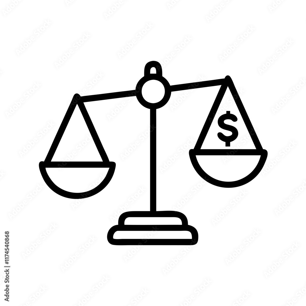 Line drawing of scales with dollar signs.Vector icon in linart style