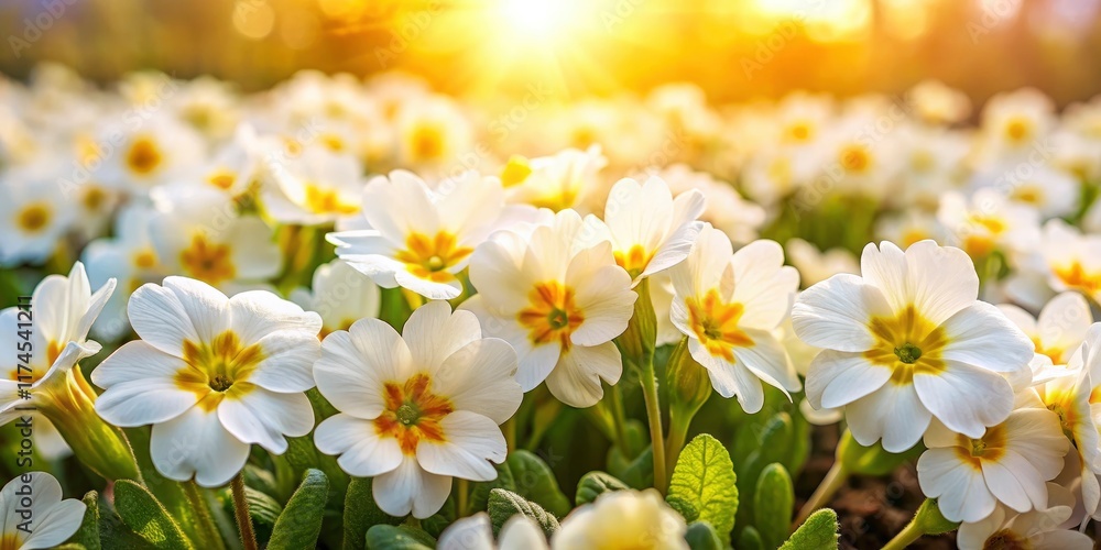 Obraz premium Panoramic spring bloom: a breathtaking high-resolution photo of a pristine white primula with a sunny yellow center.