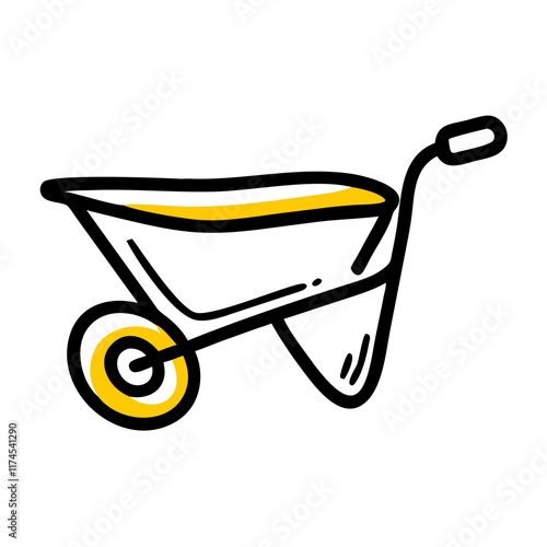 Line drawing of a wheelbarrow - a tool used for carrying and transporting materials.Vector icon of a cart for agricultural and construction work
