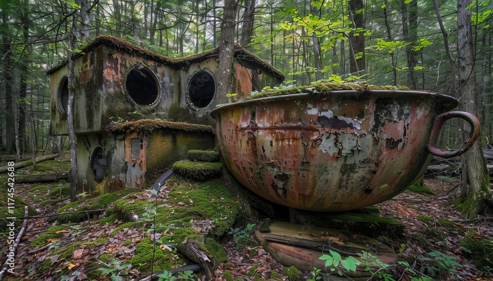 Unique treehouse nestled in a giant teacup, balancing high among the branches of a tall tree