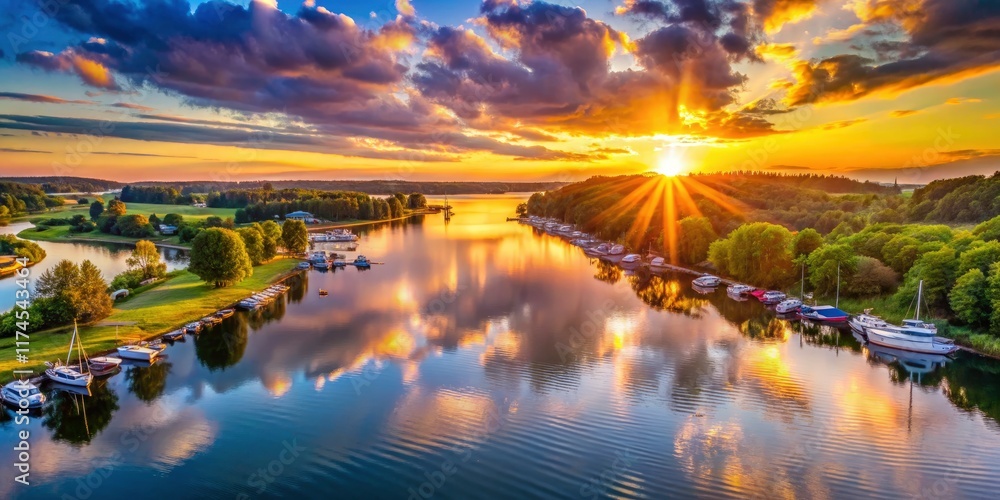Fototapeta premium Sunrise illuminates a tranquil lake, its harbor bathed in golden light, a serene seascape.