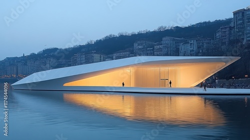 Wallpaper Mural Modern riverside building, illuminated at dusk, city backdrop, architectural design Torontodigital.ca