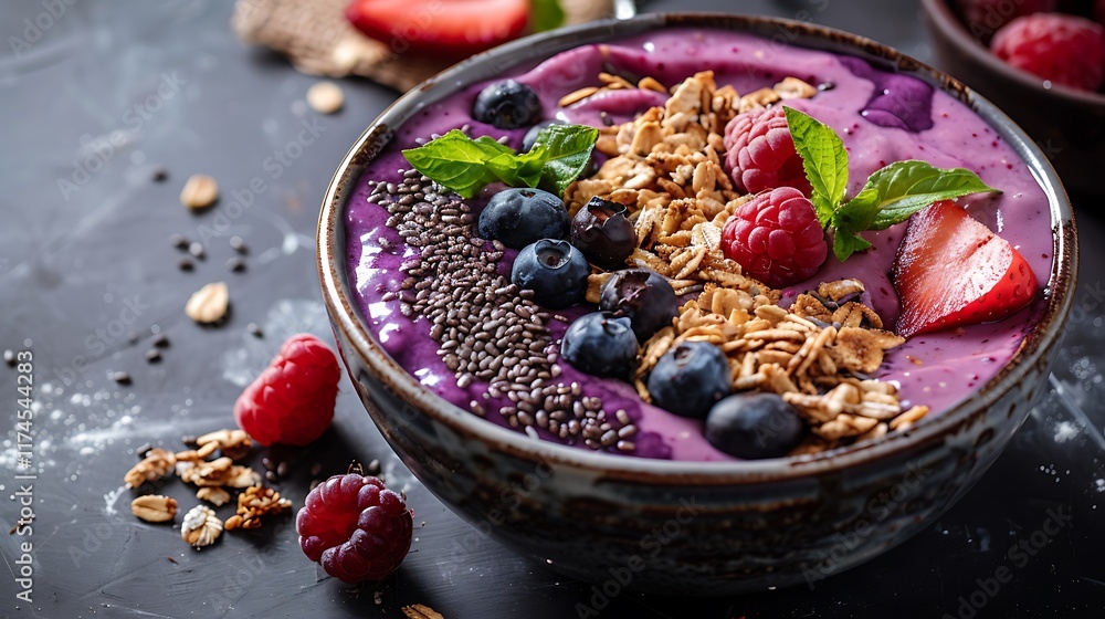Acai smoothie bowl with granola fruits and seeds on a table Acai smoothie bowl with granola fruits and seeds on a table