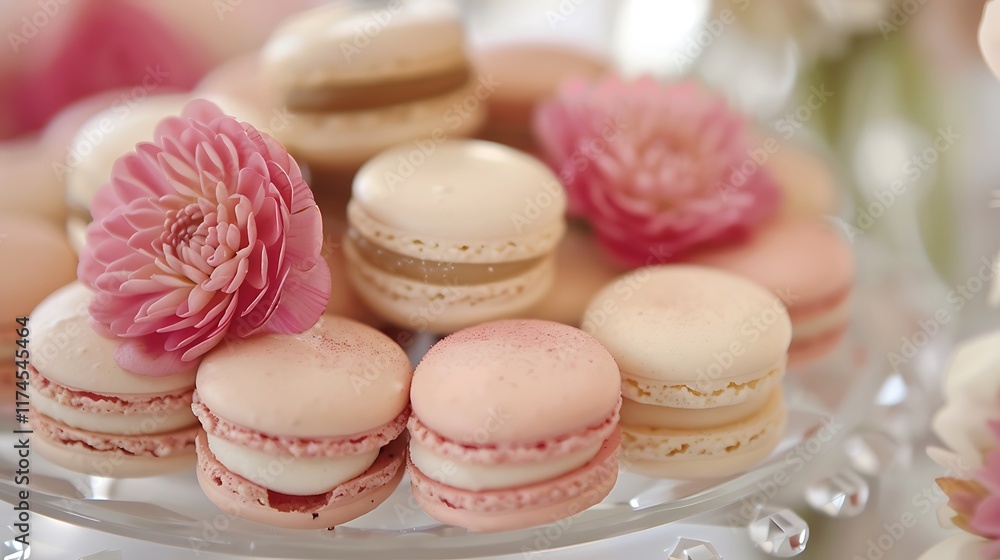An exquisite macaron assortment is ready for attendees of a baby wedding An exquisite macaron assortment is ready for attendees of a baby wedding