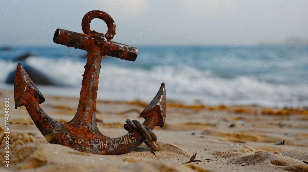 Fototapeta premium Close-up of a rusted anchor with visible cracks and wear resting on a sandy beach, symbolizing damage and neglect. Maritime and nautical themes, aging and decay concepts.