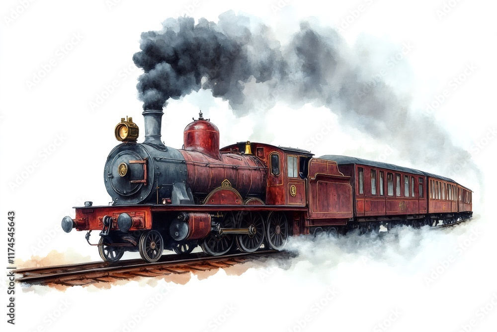Fototapeta premium Antique steam train traveling on railway with passenger cars, watercolor painting