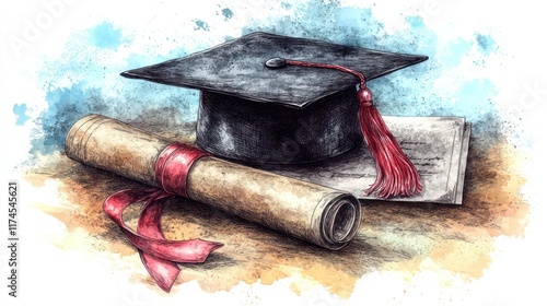 Graduation cap and diploma on wooden surface, watercolor illustration photo