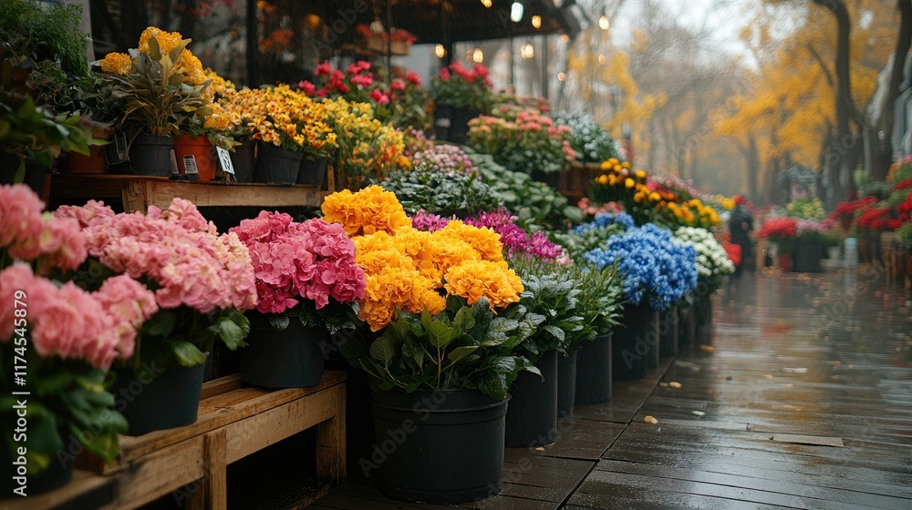 Fototapeta premium Colorful flowers on display at an outdoor market on a rainy day.