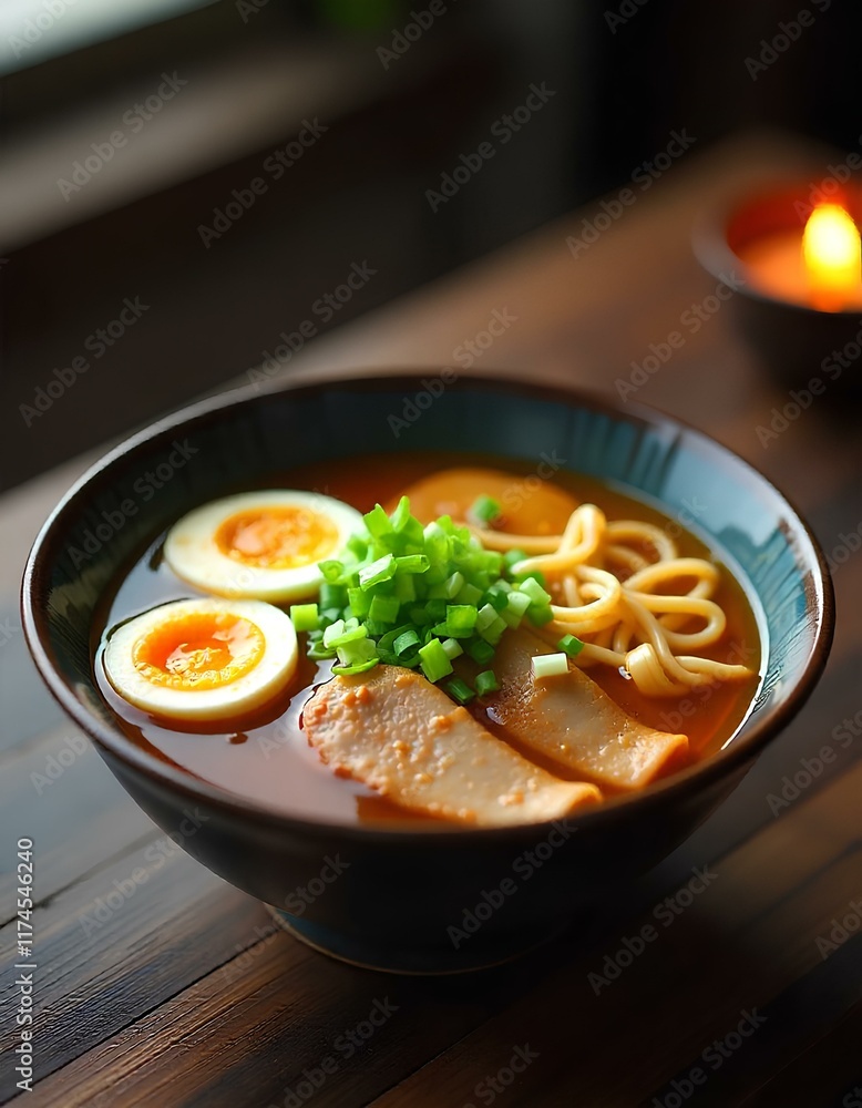 A Steaming Bowl Of Ramen With Soft Boiled Eggs, Bamboo Shoots, And Sliced Pork, Surrounded By A Rich Broth, Garnished With Green Onions, On A Rustic Wooden Table A Steaming Bowl Of Ramen With Soft Boiled Eggs, Bamboo Shoots, And Sliced Pork, Surrounded By A Rich Broth, Garnished With Green Onions, On A Rustic Wooden Table