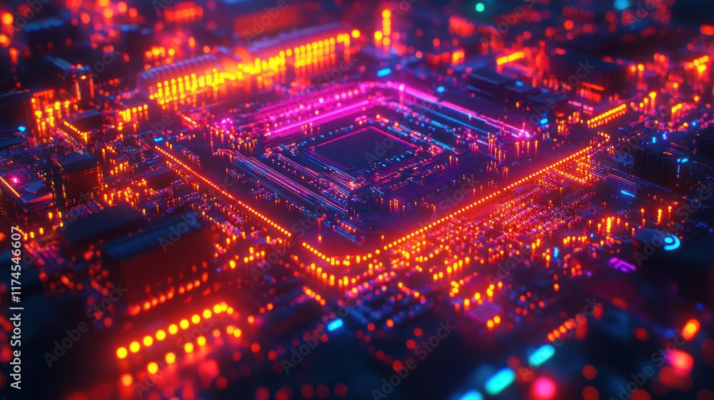 Fototapeta premium Glowing Motherboard Circuitry, Close-up, Technology, Abstract Background