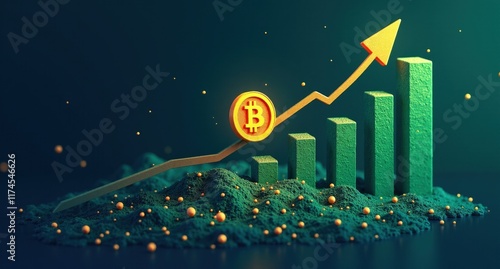  A stock illustration representing Cryptocurrency adoption with a glowing Bitcoin coin rising on a chart and metaphors of Growth and prosperity in dark blues and vibrant greens.