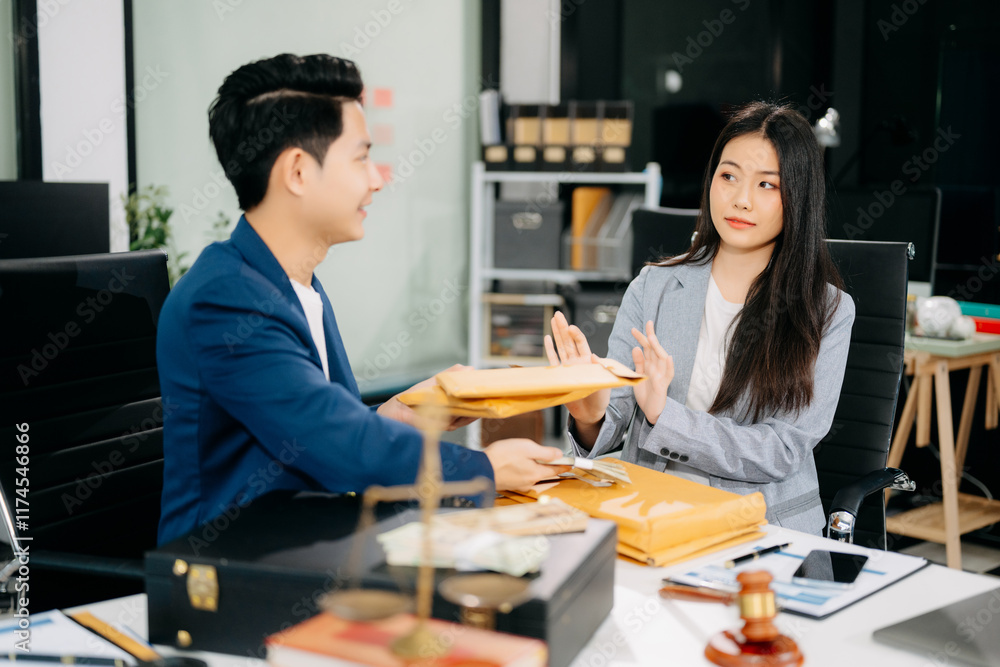 Lawyer refusing bribe money in the envelop from business man at the lawyer office. Lawyer refusing bribe money in the envelop from business man at the lawyer office.