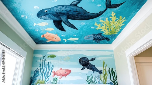 A vibrant underwater mural featuring whales, colorful fish, and coral, creating a whimsical oceanic atmosphere on the ceiling and walls. photo