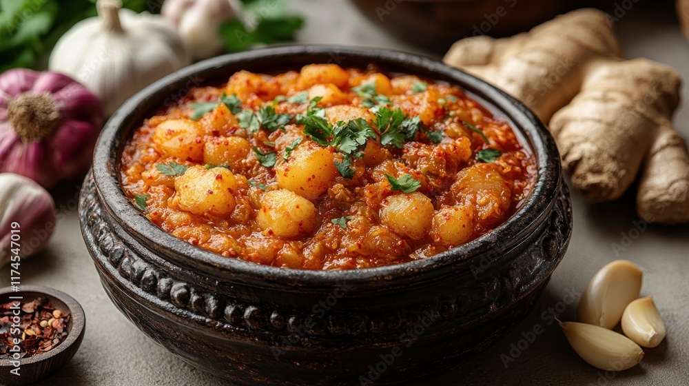 Spicy potato curry in rustic bowl with garlic and ginger. Spicy potato curry in rustic bowl with garlic and ginger.