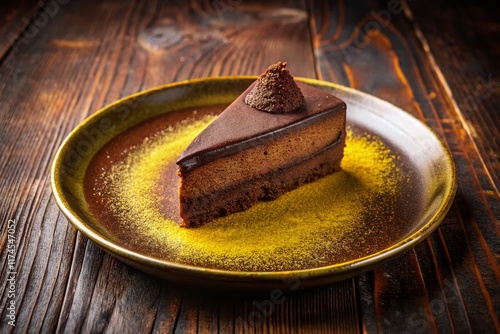 Delicious Chocolate Cake Slice on Ceramic Tray at Coffee Shop - Gourmet Dessert Photography photo