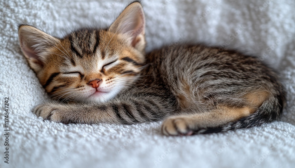 Obraz premium Adorable tabby kitten peacefully sleeps curled on a soft white blanket. Perfect for websites, blogs, or pet-related content needing a cute, calm image.