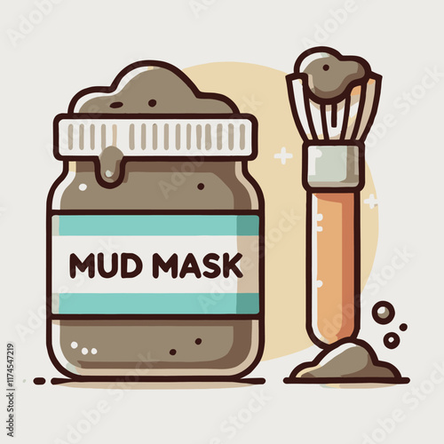 cartoon mud mask bottle and brush in flat design