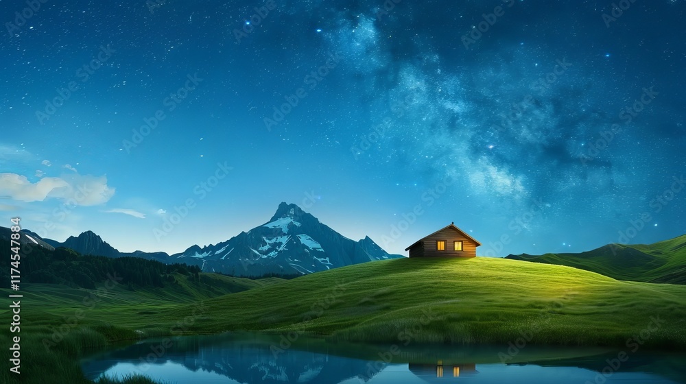Fototapeta premium A serene night scene featuring a cozy wooden cabin illuminated by warm light, set against a starry sky and majestic mountains.