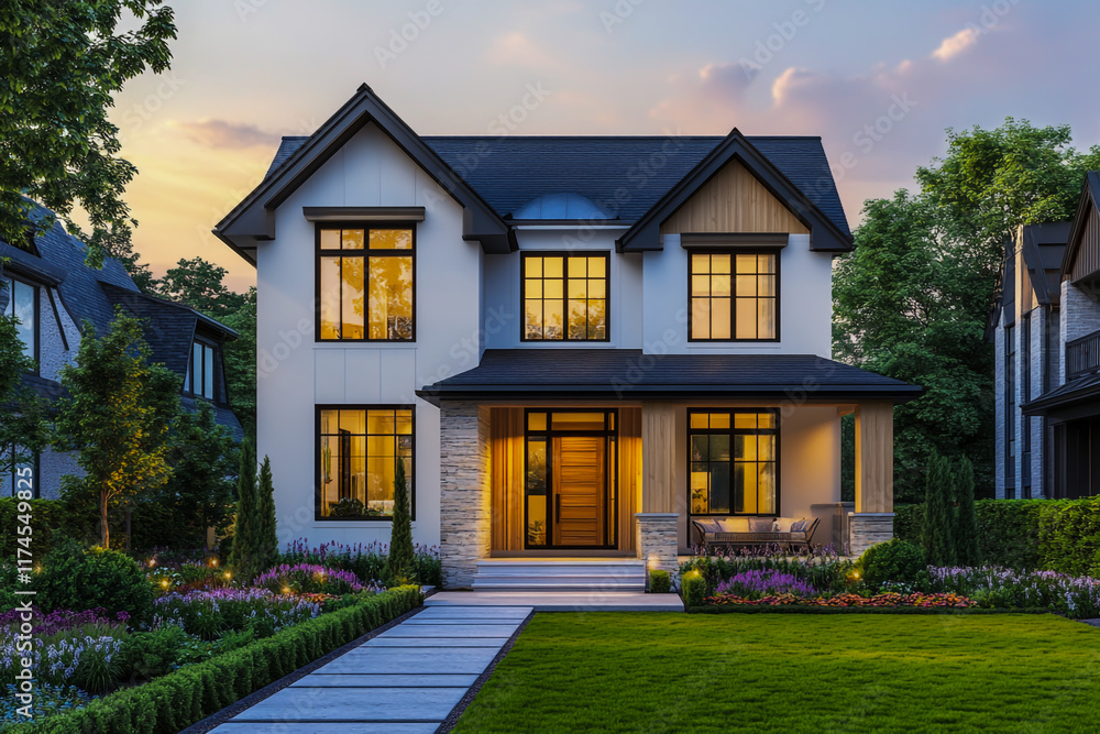 A beautiful, contemporary two-storey house with a terrace, designed in the charming style of a traditional country house, A beautiful, contemporary two-storey house with a terrace, designed in the charming style of a traditional country house,