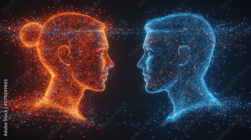 Digital Heads Connect, Sparks Fly, Dark Background, Concept Art Digital Heads Connect, Sparks Fly, Dark Background, Concept Art