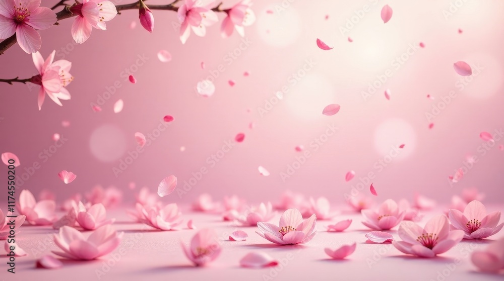 Delicate Pink Blossoms Falling Gracefully Onto a Soft Pink Surface, Creating a Serene and Romantic Atmosphere
