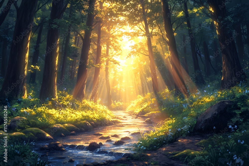 Naklejka premium Golden sunlight filtering through trees in a lush forest with a pristine stream