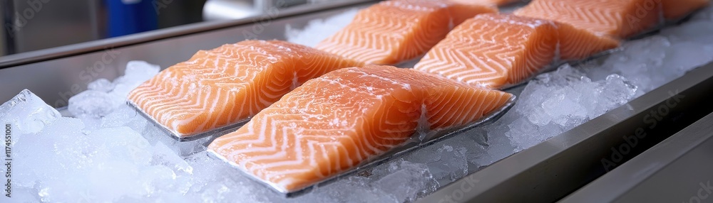Fresh salmon fillets displayed on ice, highlighting their vibrant color and quality, ideal for culinary dishes. Fresh salmon fillets displayed on ice, highlighting their vibrant color and quality, ideal for culinary dishes.