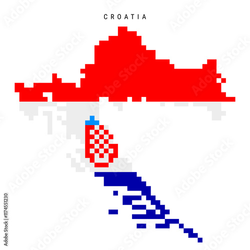 Croatia pixel flag map icon. 8 bit pixel art Croatian map covered with flag. Flat vector illustration isolated on white background.