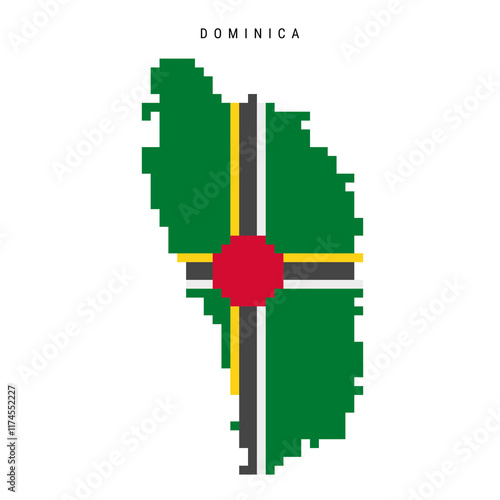 Dominica pixel flag map icon. 8 bit pixel art Dominican map covered with flag. Flat vector illustration isolated on white background.