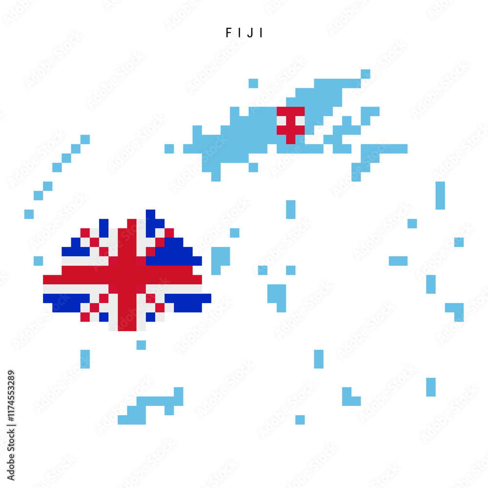Obraz premium Fiji pixel flag map icon. 8 bit pixel art Fijian map covered with flag. Flat vector illustration isolated on white background.