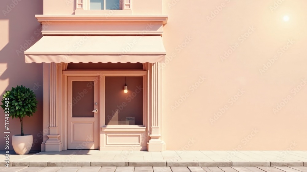 A charming pastel storefront with a retractable awning, inviting entrance, and potted plant, perfect for a small business or retail display