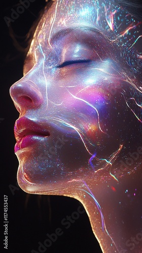 Serene woman's face, iridescent energy flows.