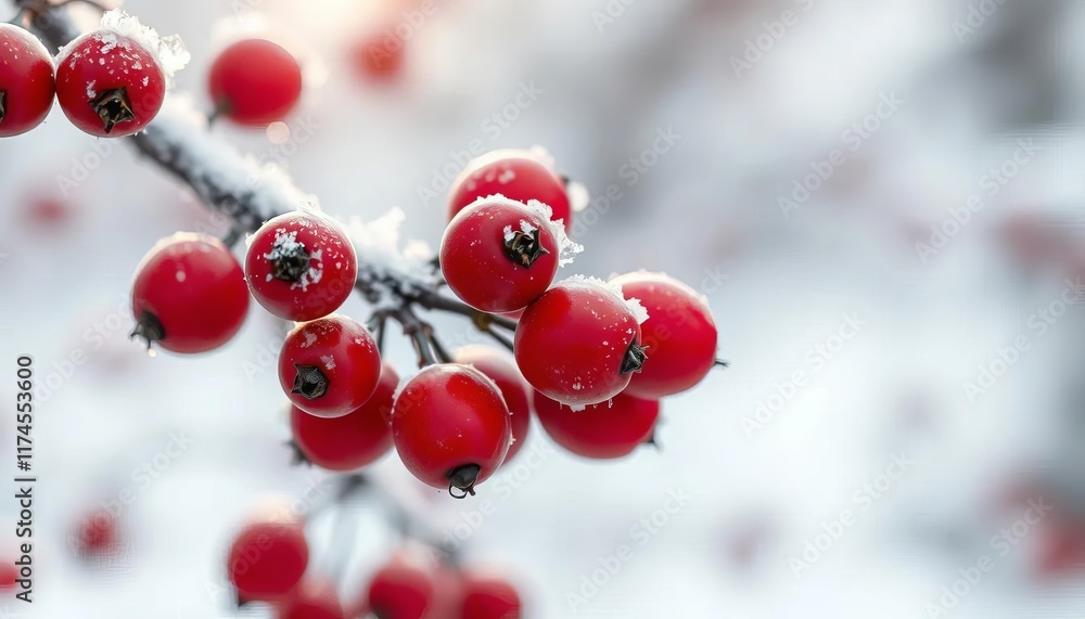 Red berries covered in snow on a winter branch Red berries covered in snow on a winter branch