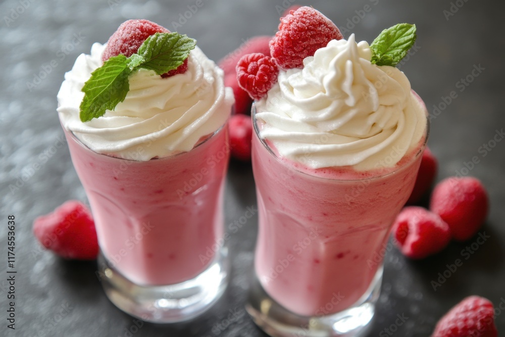 Two Raspberry Smoothies Topped With Whipped Cream And Mint Two Raspberry Smoothies Topped With Whipped Cream And Mint